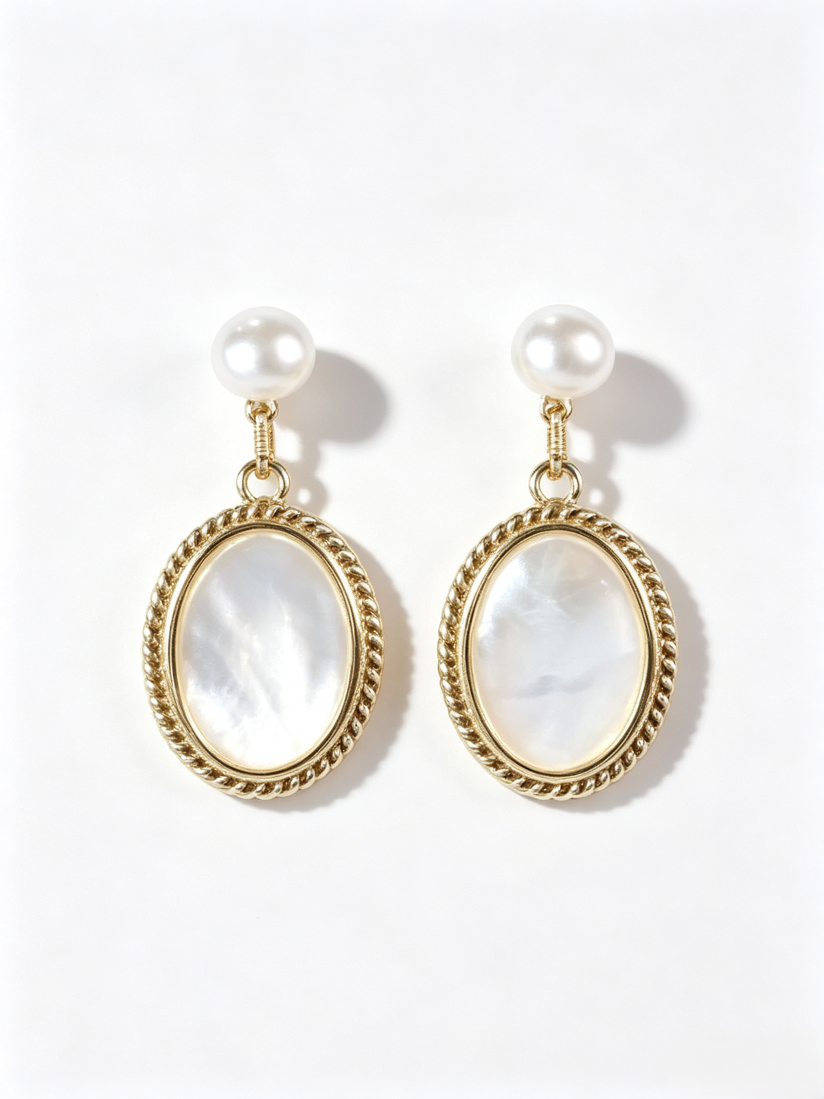 Twisted Border Oval Mother-of-Pearl & Freshwater Pearl Drop Earrings, Handmade Vintage Gold Dangle Earrings for Mature Women