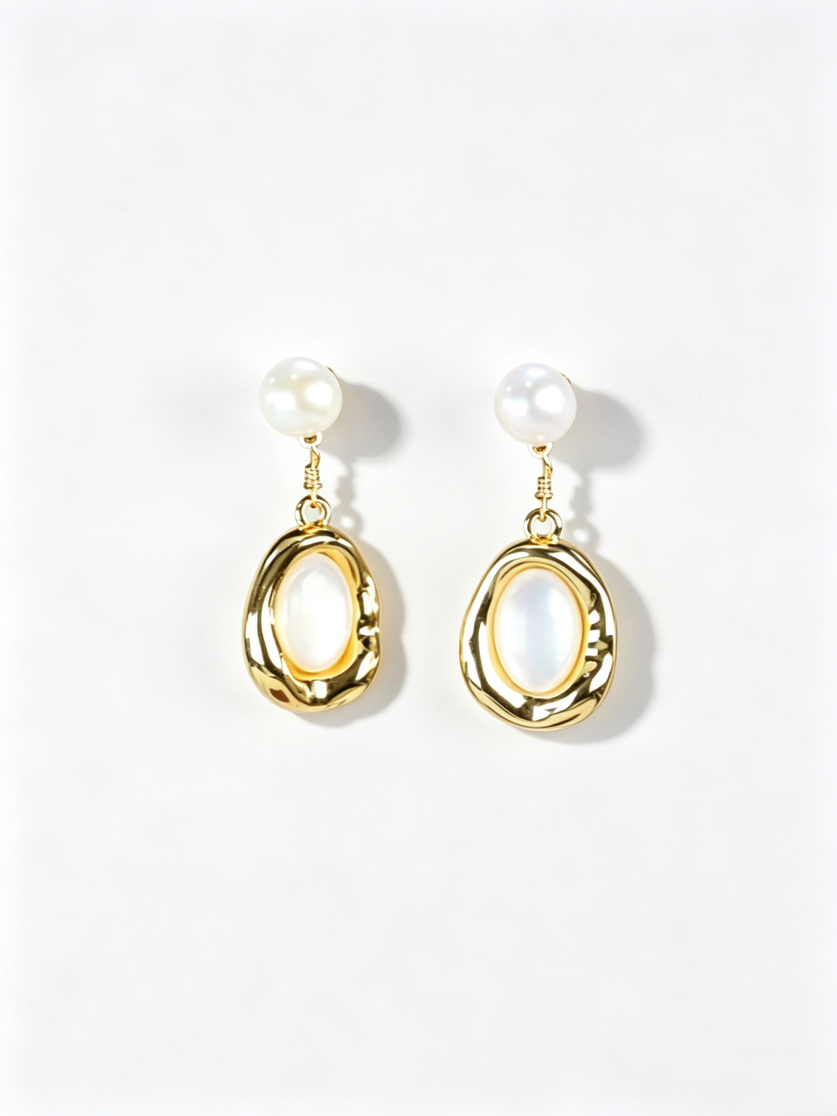 Gold Oval Mother-of-Pearl Freshwater Pearl Drop Earrings, Handmade Vintage Dangle Earrings for Mature Women