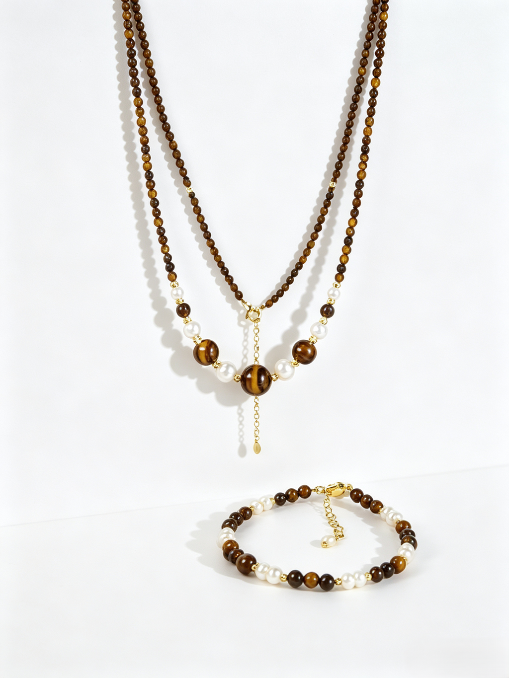 Double Layer Tiger Eye Stone & Freshwater Pearl Necklace Bracelet 2Pcs Jewelry Set, Handmade Gold-Plated Brass Beaded Set for Women