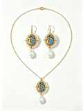 Vintage Blue Cloisonné Enamel Swan Pearl Jewelry Set, Victorian Cameo Pendant Necklace & Drop Earrings Matching Set for Women