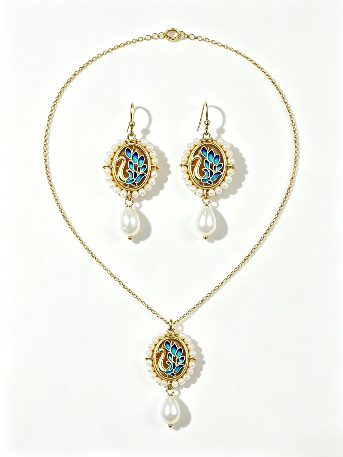 Vintage Blue Cloisonné Enamel Swan Pearl Jewelry Set, Victorian Cameo Pendant Necklace & Drop Earrings Matching Set for Women