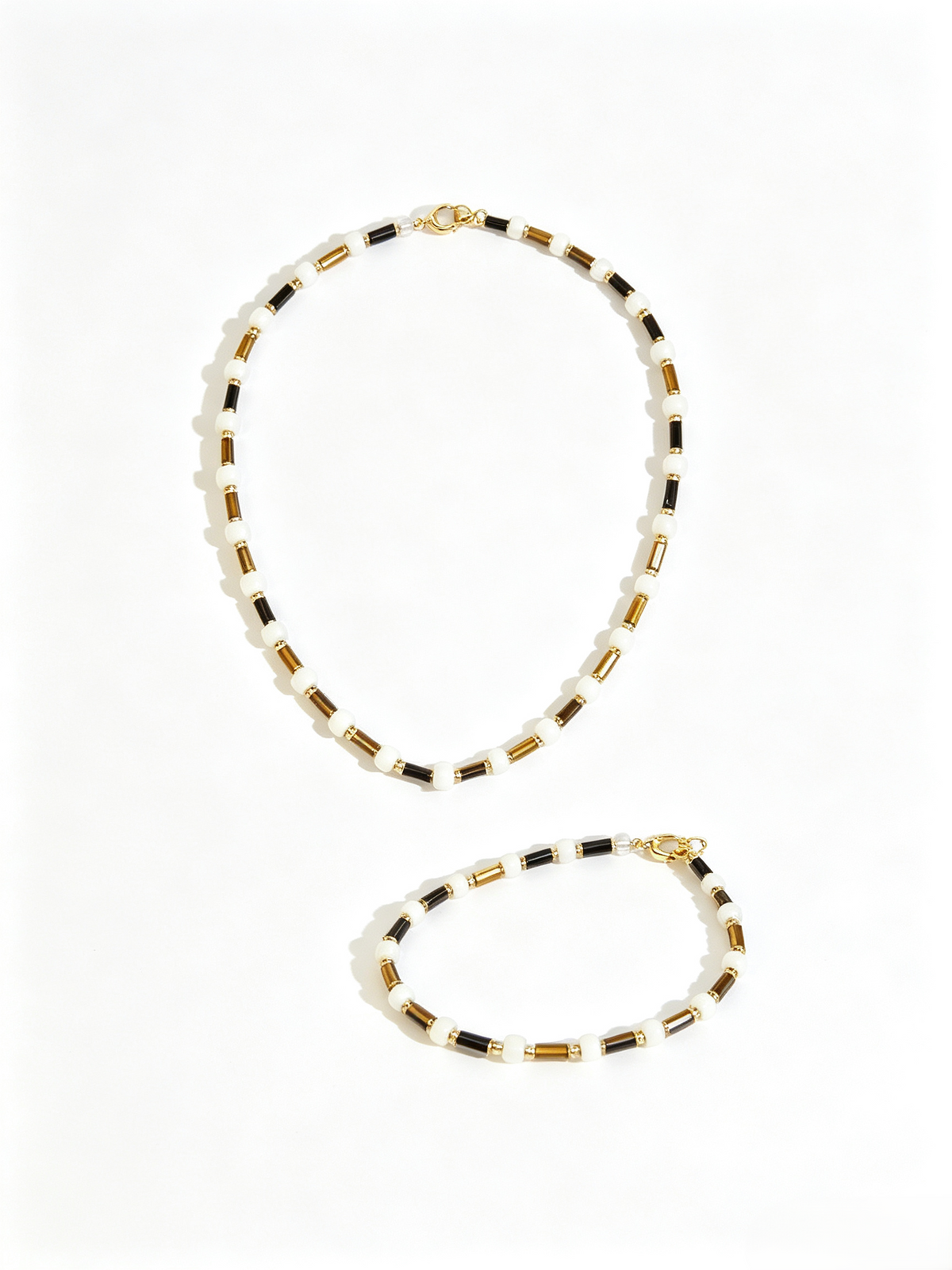 Tiger Eye Stone & Natural Pearl Beaded Necklace Bracelet Set, Gold-Plated Brass Handmade Two-Piece Jewelry Set for Women