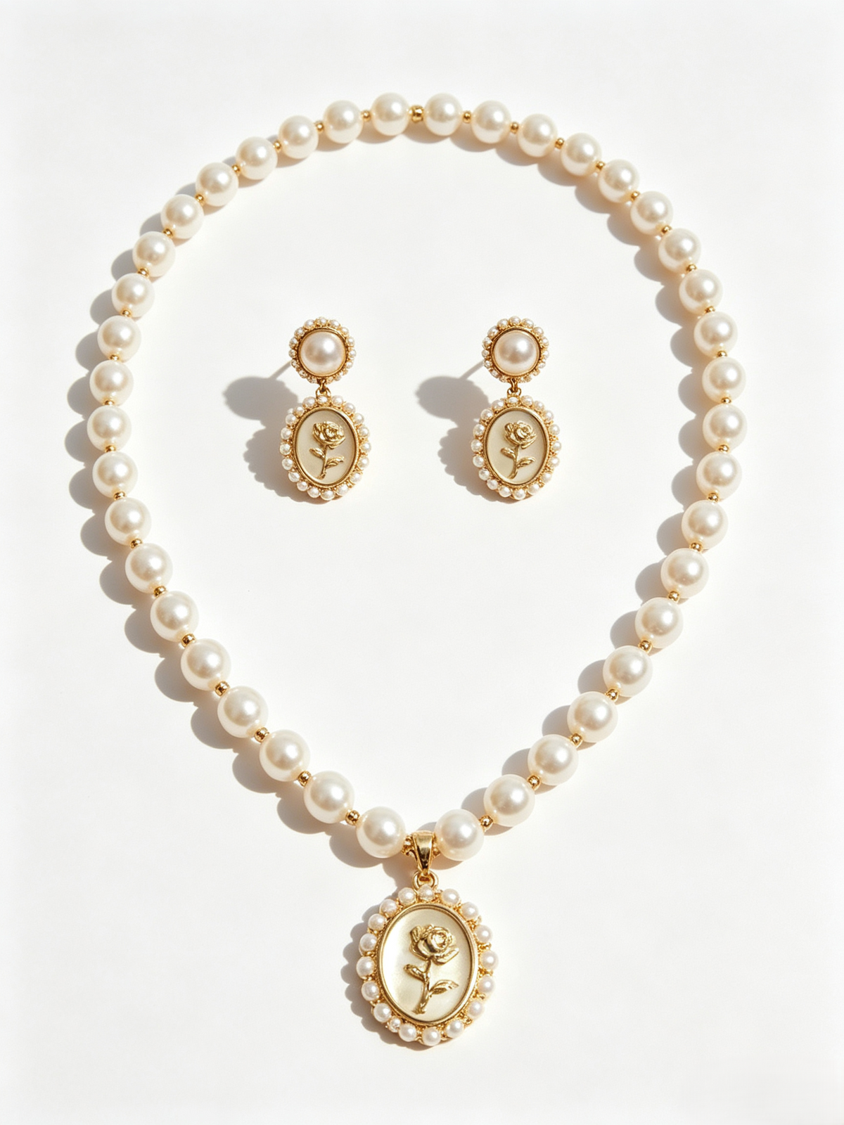Romantic Rose Cameo Pearl Jewelry Matching Set, Vintage Embossed Mother-of-Pearl Necklace & Earrings Set for Daily Date Elegant Outfits