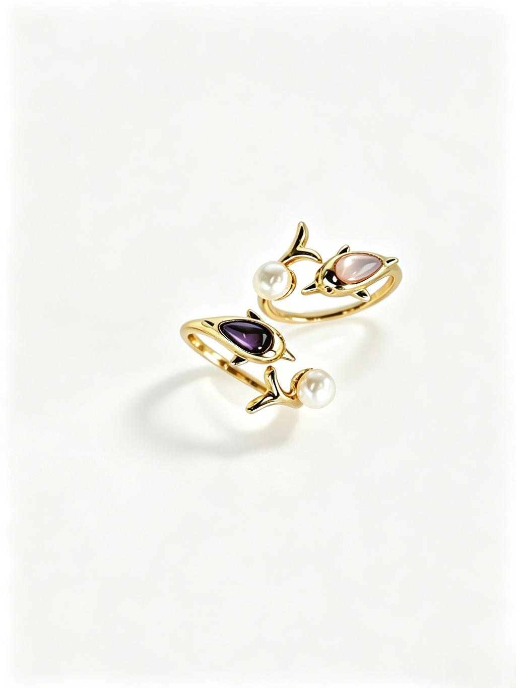 Elegant Dolphin Motif Natural Pearl Open Adjustable Ring, Handmade Gold-Plated Brass Pearl Statement Ring for Mature Women