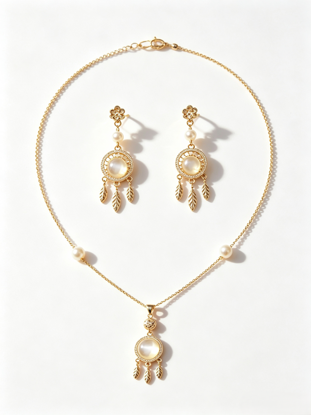 Boho Dreamcatcher Cat’s Eye Pearl Jewelry Matching Set, Gold Leaf Tassel Drop Earrings & Adjustable Necklace Set for Women
