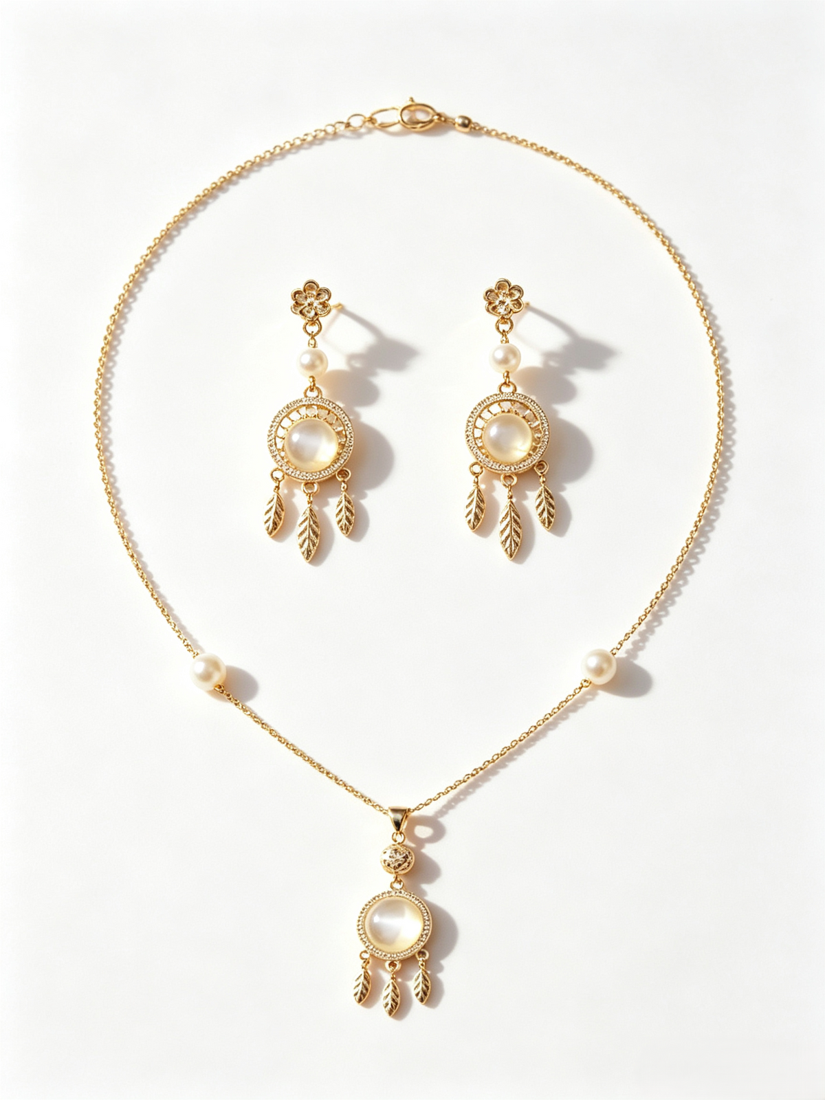 Boho Dreamcatcher Cat’s Eye Pearl Jewelry Matching Set, Gold Leaf Tassel Drop Earrings & Adjustable Necklace Set for Women