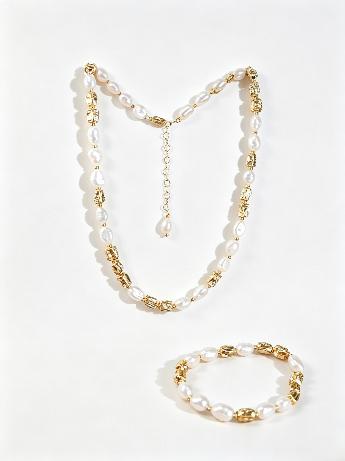 Baroque Freshwater Pearl & Hammered Gold Bead Necklace Bracelet 2-Piece Jewelry Set, Handmade Gold-Plated Brass Irregular Pearl Matching Set for Women