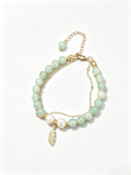 Natural Freshwater Pearl Double‑Layer Beaded Bracelet, Green Stone Bead Bracelet with Feather Charm for Women