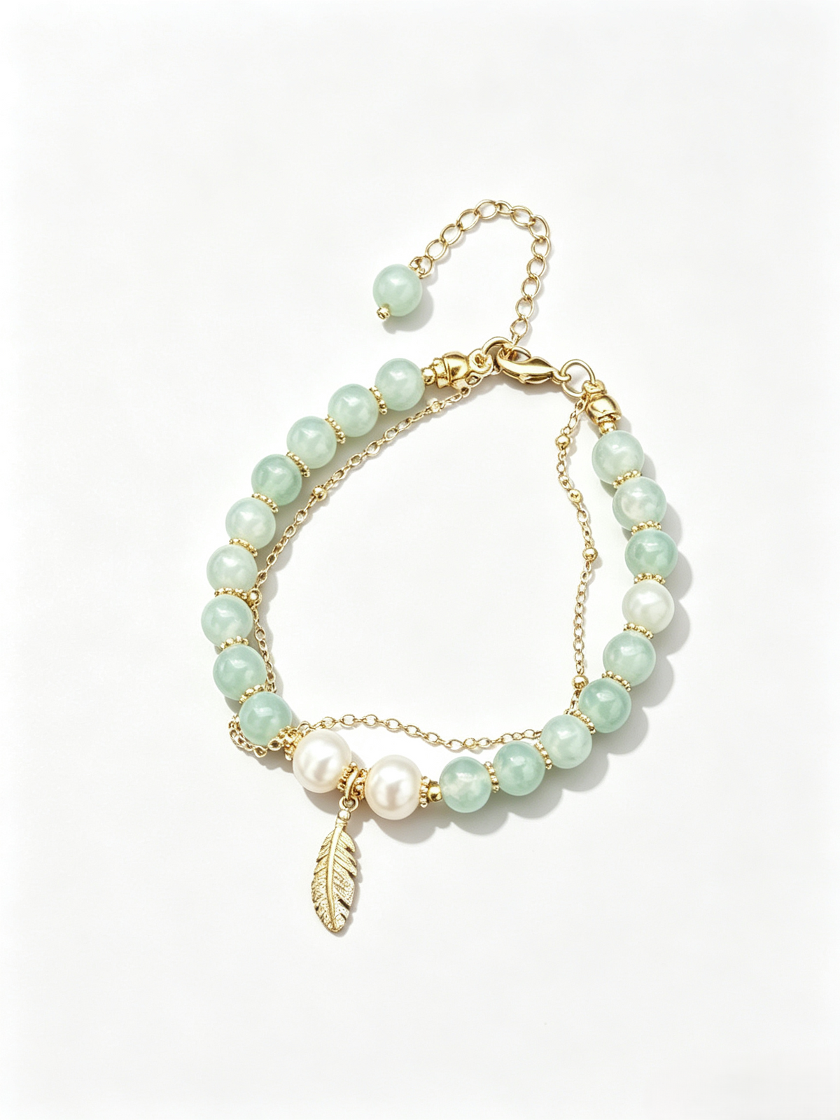 Natural Freshwater Pearl Double‑Layer Beaded Bracelet, Green Stone Bead Bracelet with Feather Charm for Women