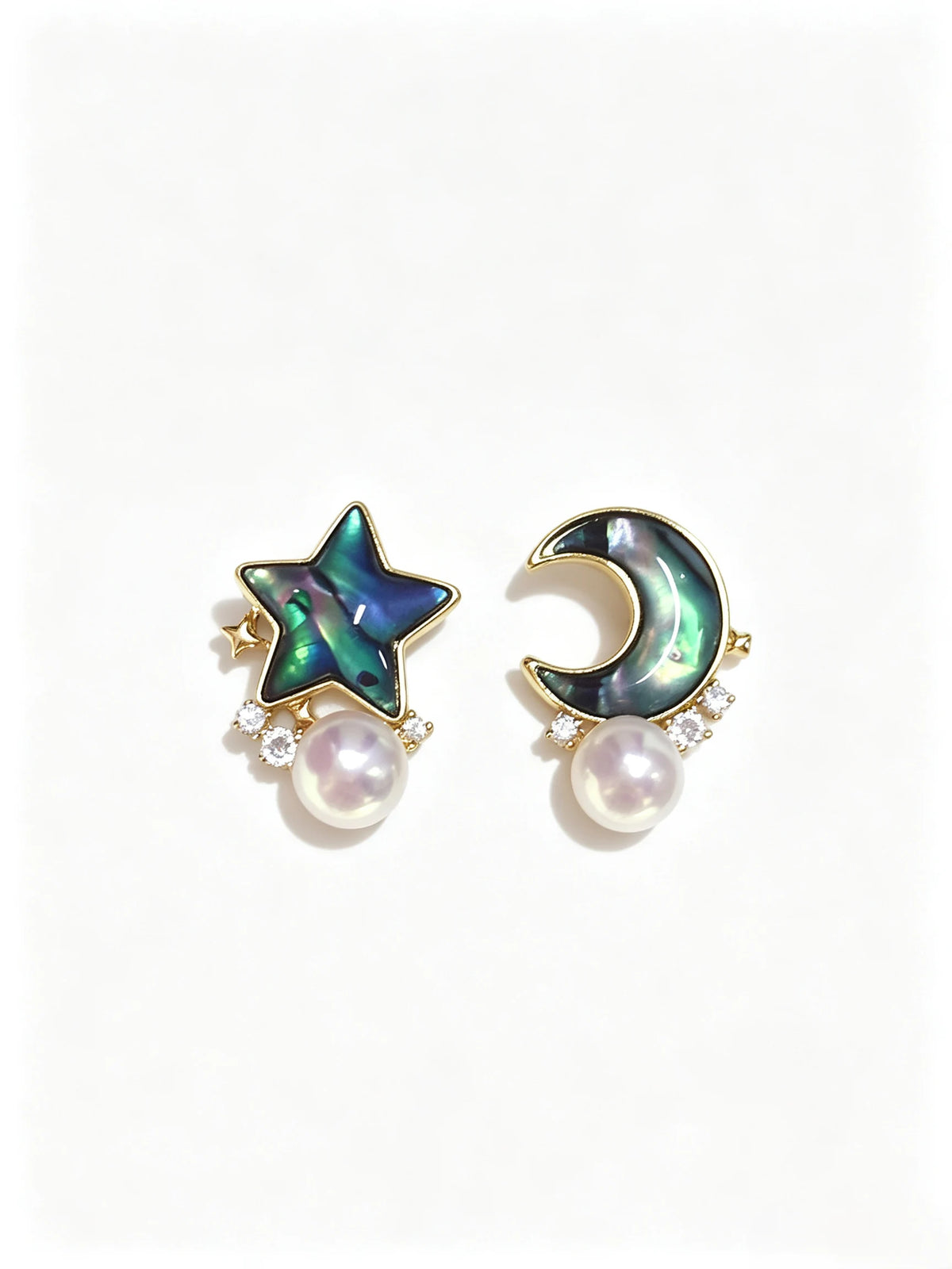 Star & Moon Abalone Shell Mismatched Stud Earrings, Natural Freshwater Pearl Gold‑Tone Earrings for Women