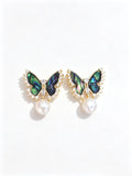Butterfly Abalone Shell Drop Earrings, Natural Freshwater Pearl Gold‑Tone Crystal Statement Earrings for Women