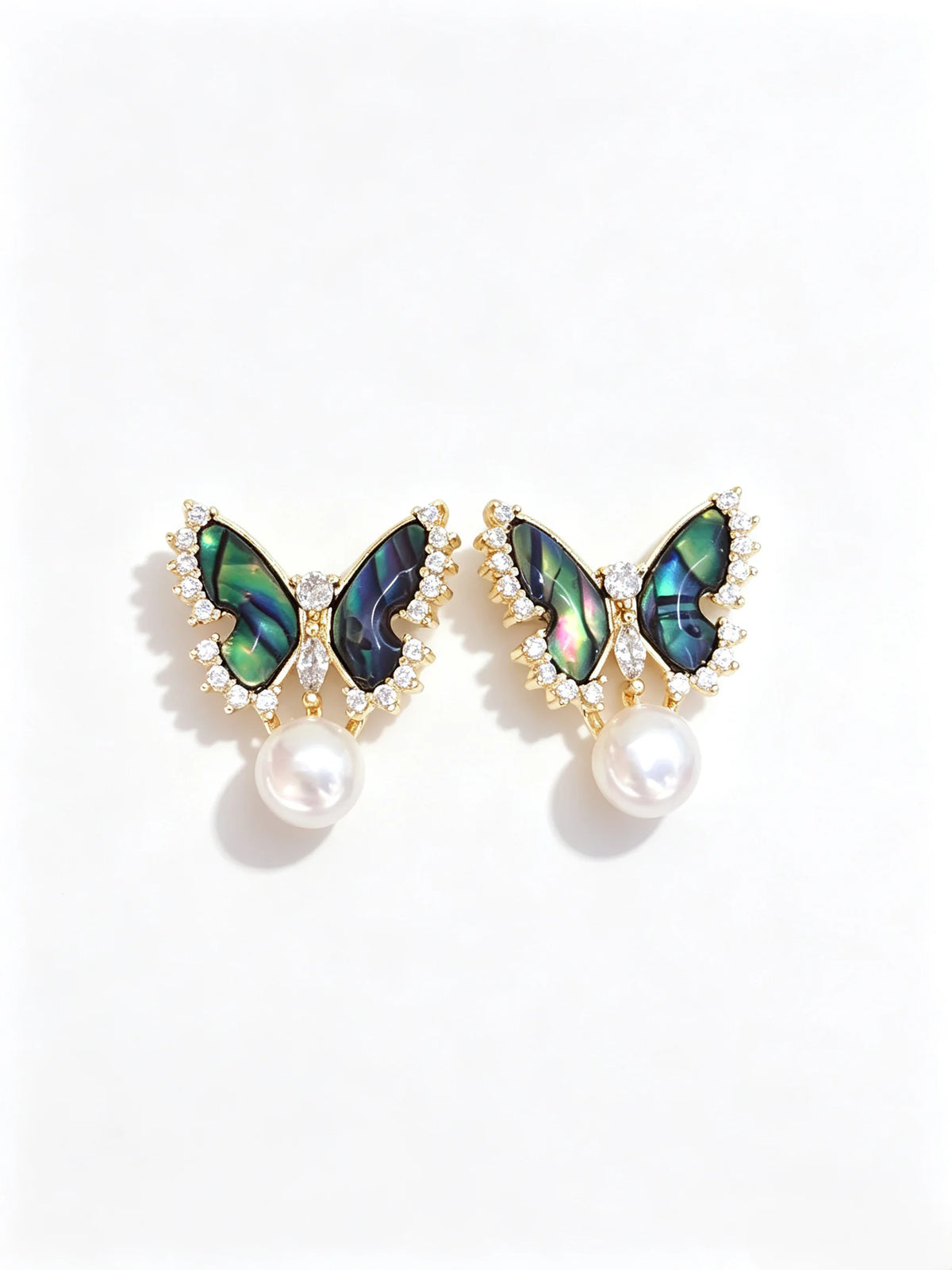 Butterfly Abalone Shell Drop Earrings, Natural Freshwater Pearl Gold‑Tone Crystal Statement Earrings for Women
