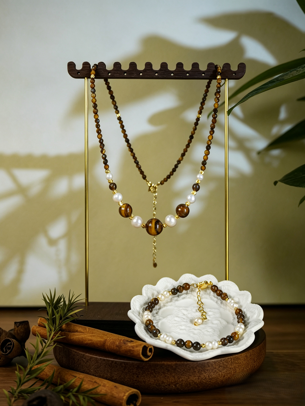Double Layer Tiger Eye Stone & Freshwater Pearl Necklace Bracelet 2Pcs Jewelry Set, Handmade Gold-Plated Brass Beaded Set for Women