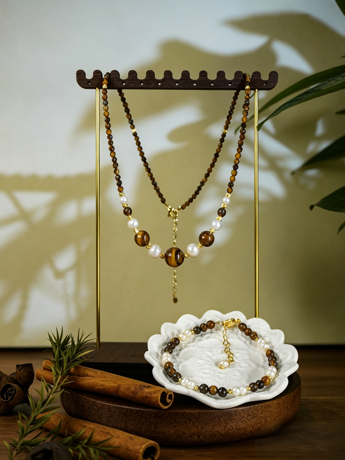 Double Layer Tiger Eye Stone & Freshwater Pearl Necklace Bracelet 2Pcs Jewelry Set, Handmade Gold-Plated Brass Beaded Set for Women
