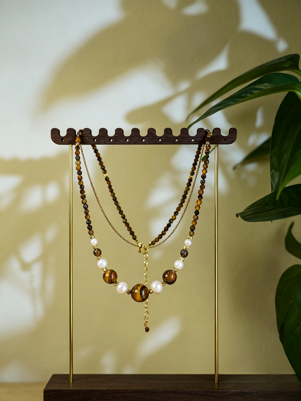 Double Layer Tiger Eye Stone & Freshwater Pearl Necklace Bracelet 2Pcs Jewelry Set, Handmade Gold-Plated Brass Beaded Set for Women