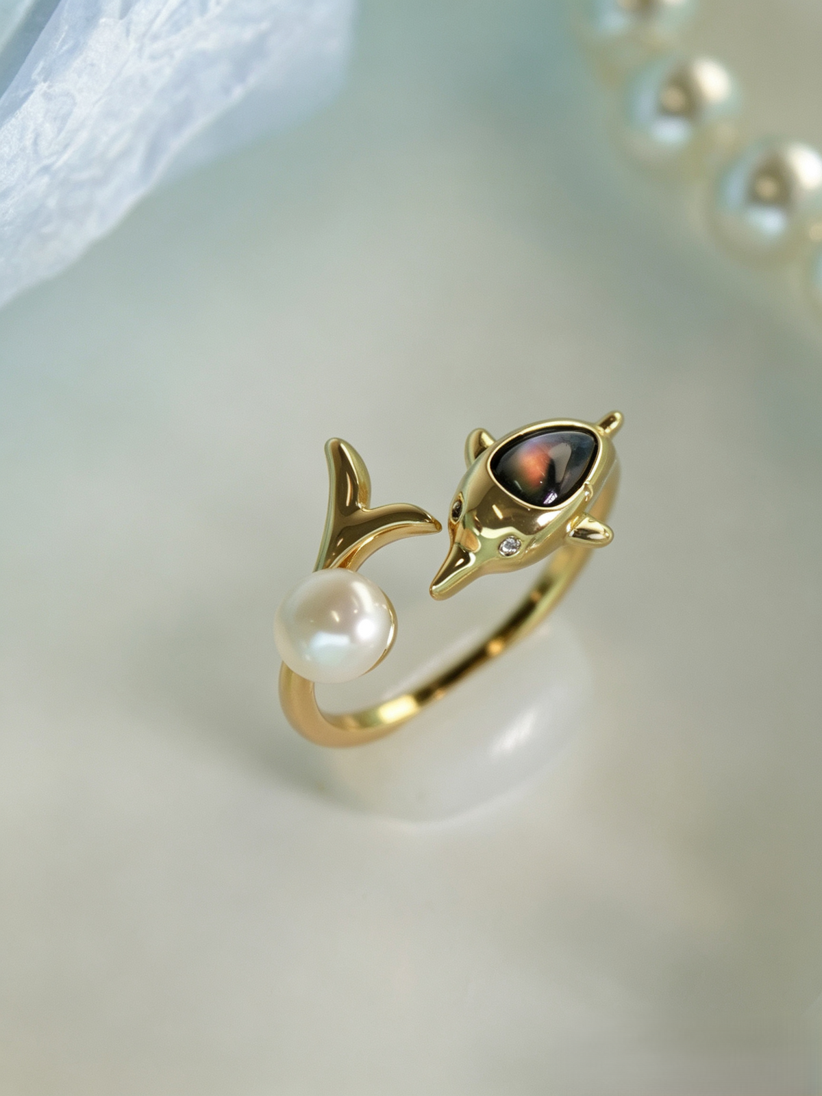 Elegant Dolphin Motif Natural Pearl Open Adjustable Ring, Handmade Gold-Plated Brass Pearl Statement Ring for Mature Women