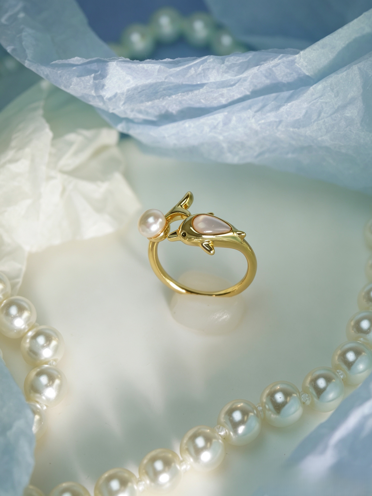 Elegant Dolphin Motif Natural Pearl Open Adjustable Ring, Handmade Gold-Plated Brass Pearl Statement Ring for Mature Women