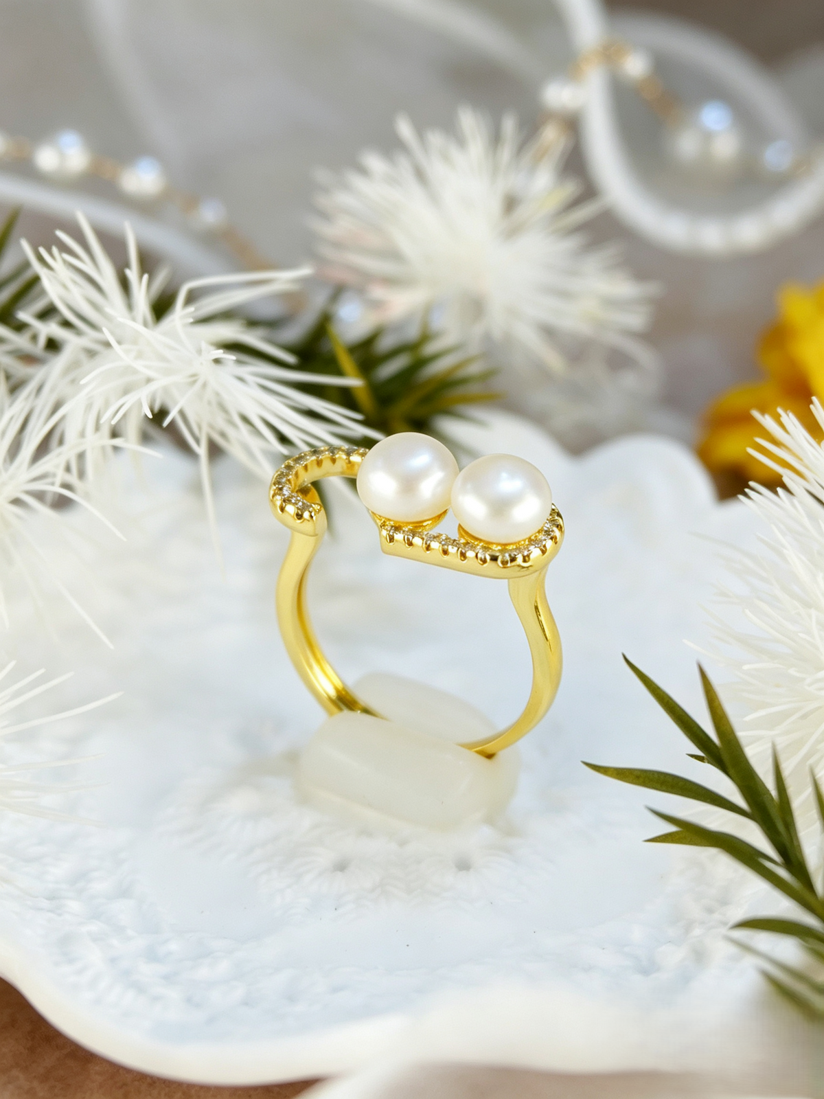 Double Freshwater Pearl Heart Open Adjustable Ring, 14K Gold Plated Brass Pave CZ Statement Ring, Handmade Elegant Pearl Jewelry Gift for Women