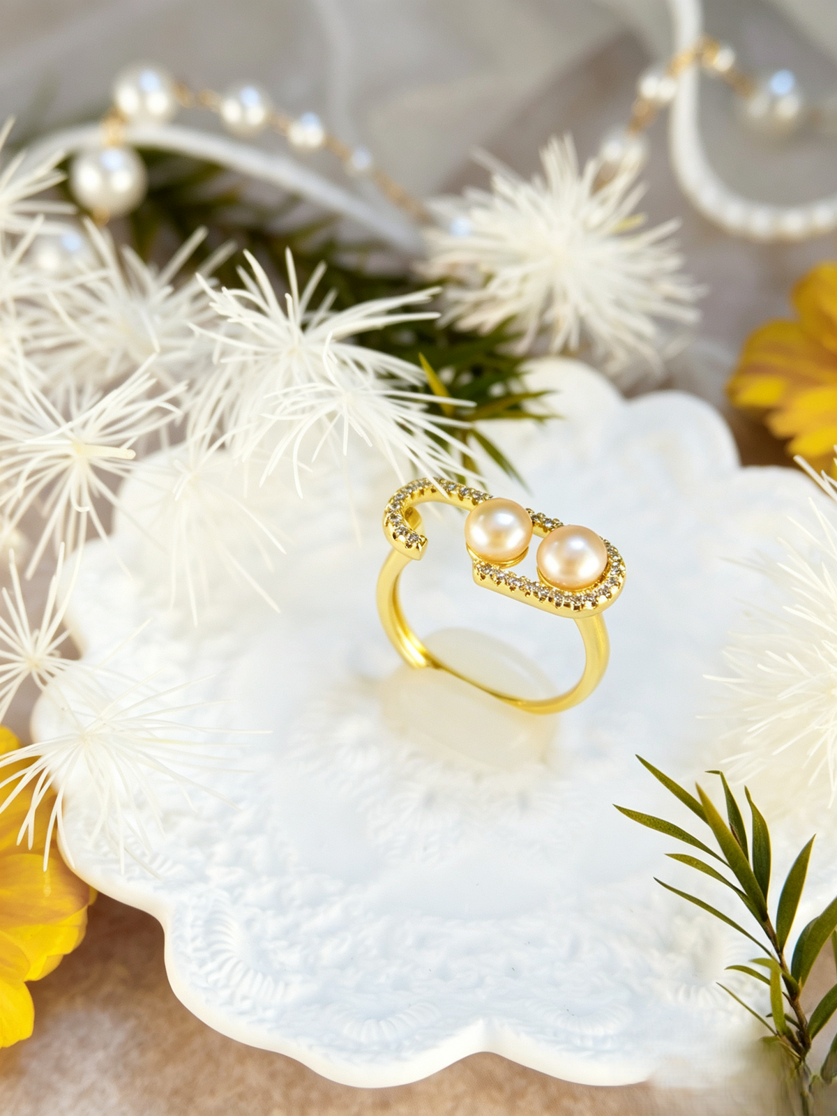 Double Freshwater Pearl Heart Open Adjustable Ring, 14K Gold Plated Brass Pave CZ Statement Ring, Handmade Elegant Pearl Jewelry Gift for Women