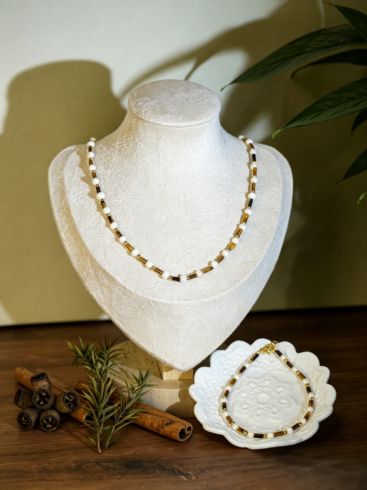 Tiger Eye Stone & Natural Pearl Beaded Necklace Bracelet Set, Gold-Plated Brass Handmade Two-Piece Jewelry Set for Women