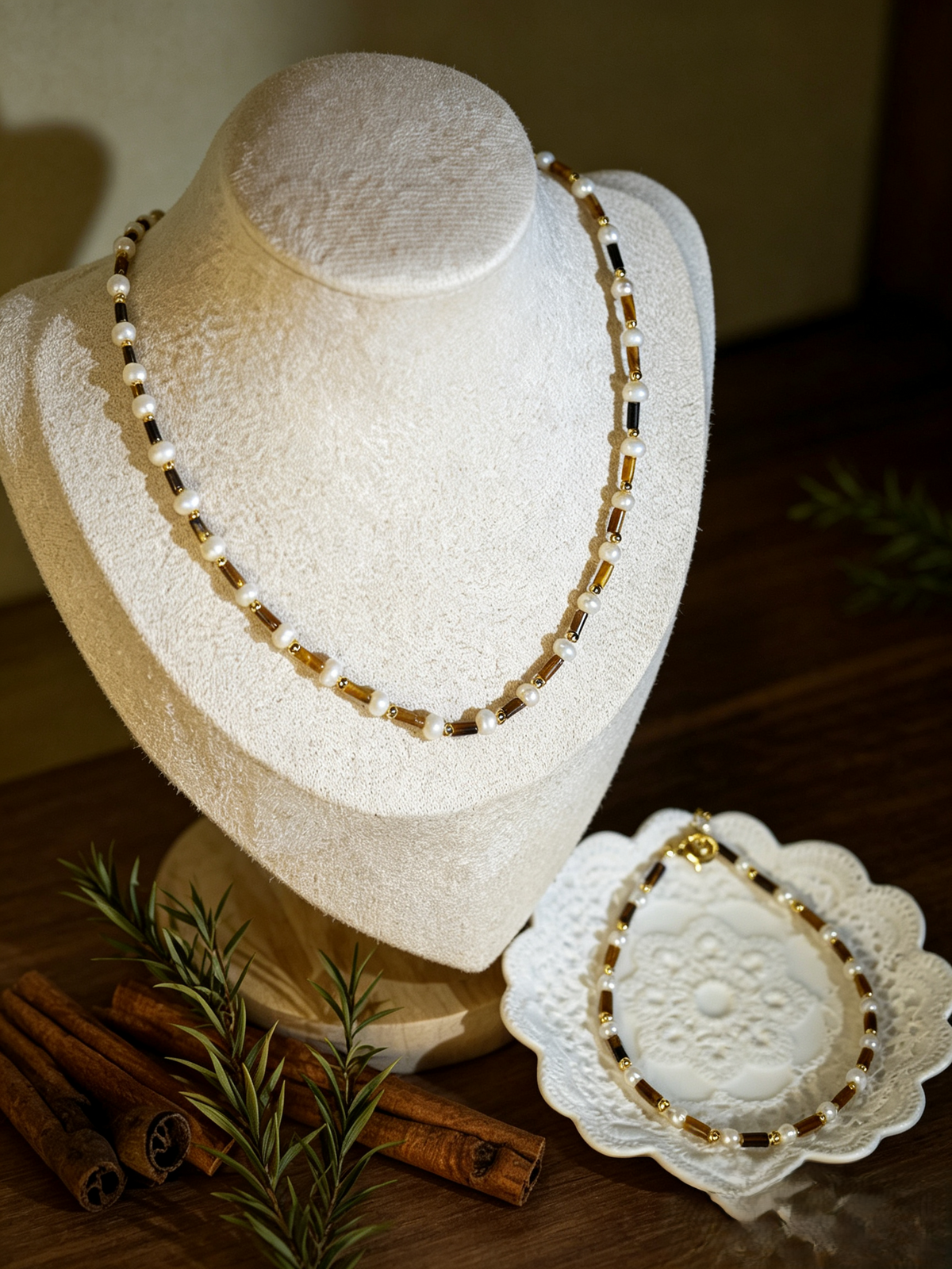 Tiger Eye Stone & Natural Pearl Beaded Necklace Bracelet Set, Gold-Plated Brass Handmade Two-Piece Jewelry Set for Women