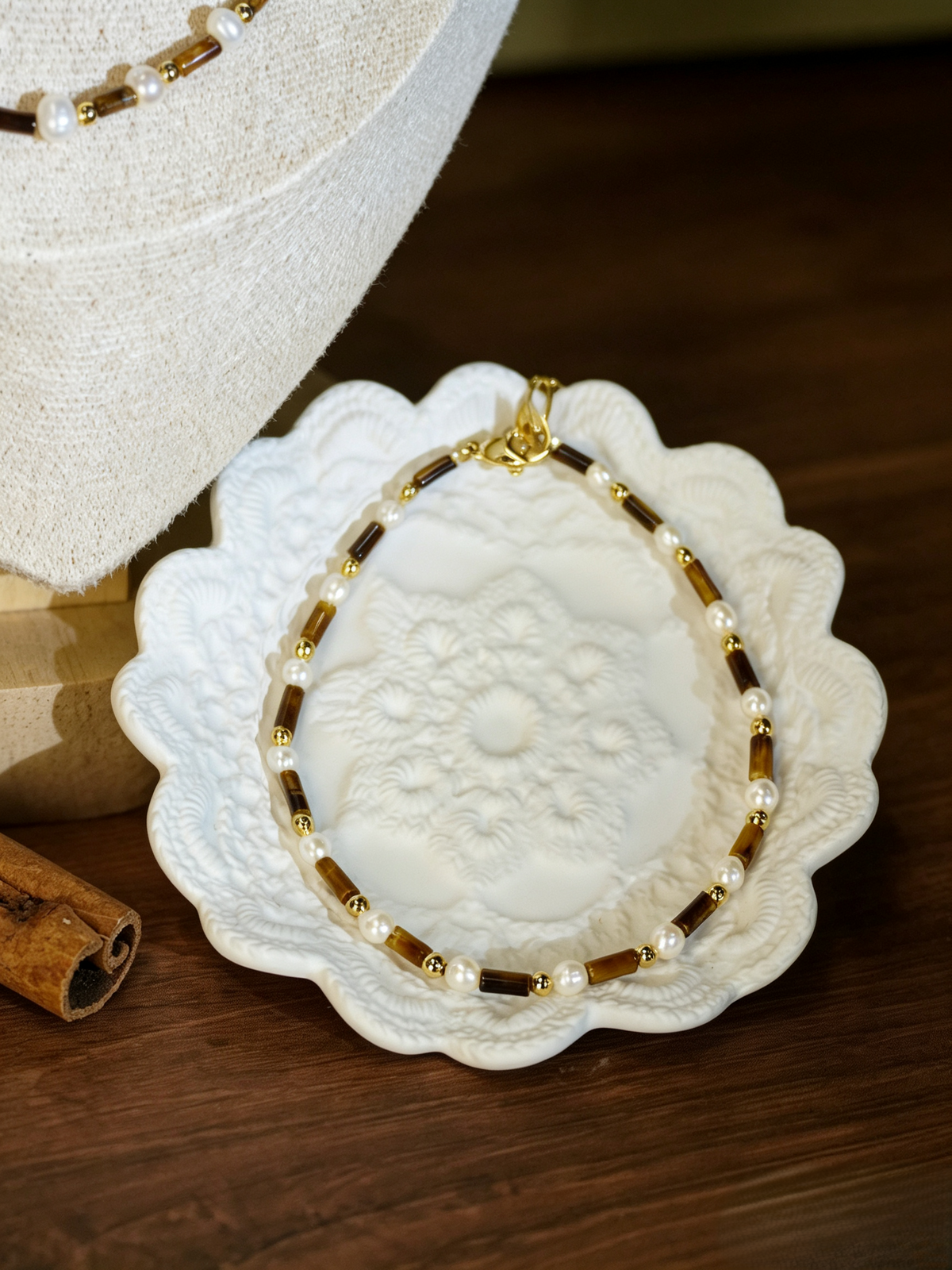 Tiger Eye Stone & Natural Pearl Beaded Necklace Bracelet Set, Gold-Plated Brass Handmade Two-Piece Jewelry Set for Women