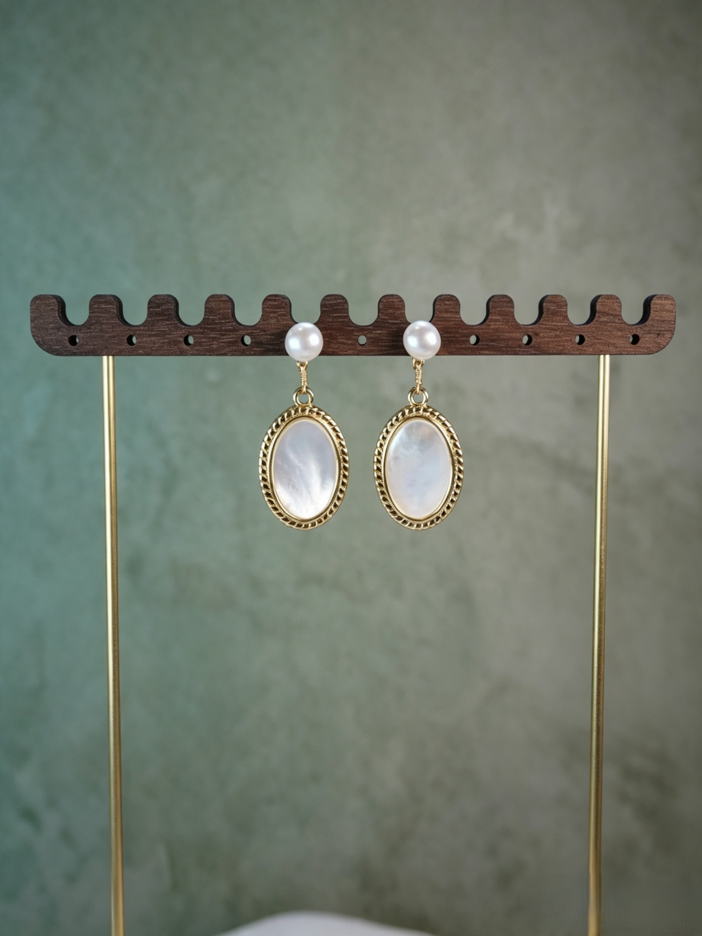 Twisted Border Oval Mother-of-Pearl & Freshwater Pearl Drop Earrings, Handmade Vintage Gold Dangle Earrings for Mature Women
