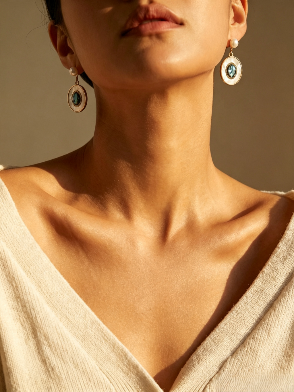 Layered Oval Abalone & Mother-of-Pearl Freshwater Pearl Drop Earrings, Vintage Gold Dangle Earrings for Women