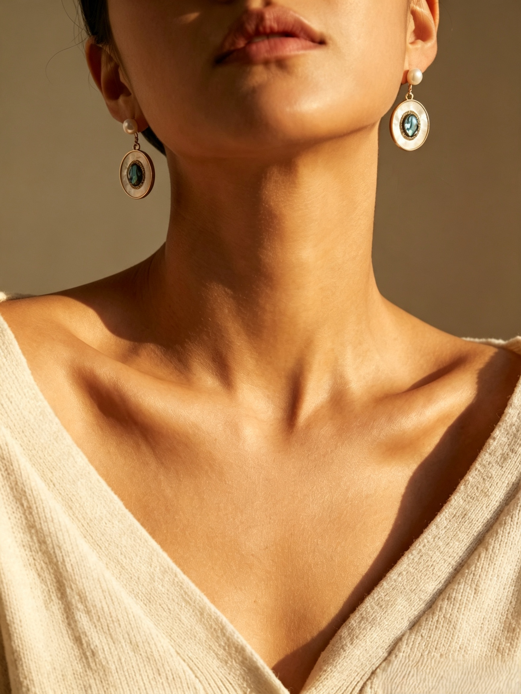 Layered Oval Abalone & Mother-of-Pearl Freshwater Pearl Drop Earrings, Vintage Gold Dangle Earrings for Women