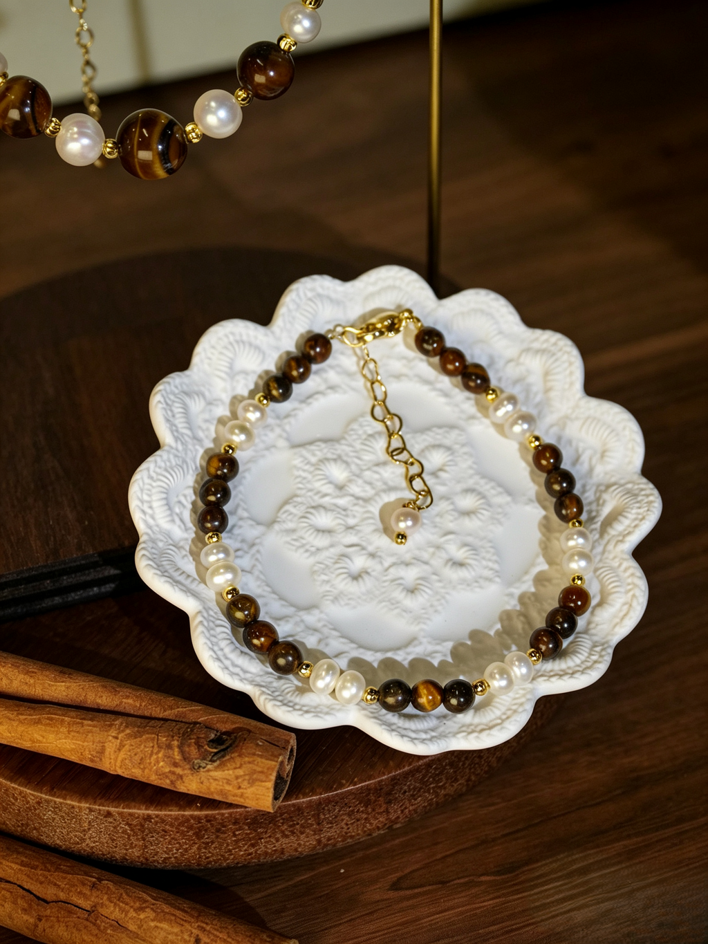 Double Layer Tiger Eye Stone & Freshwater Pearl Necklace Bracelet 2Pcs Jewelry Set, Handmade Gold-Plated Brass Beaded Set for Women