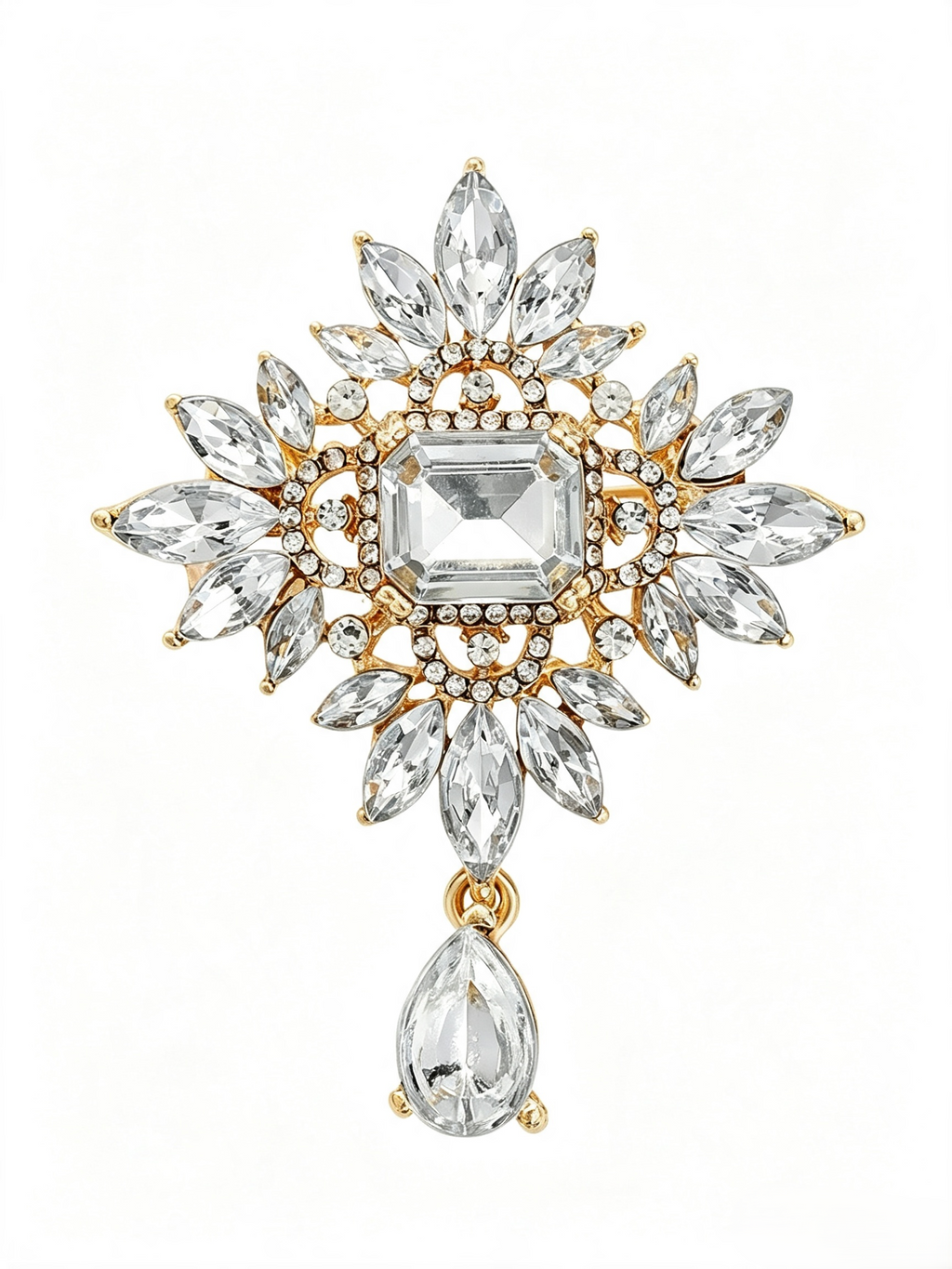 Vintage Baroque Floral Teardrop Rhinestone Brooch Crystal Lapel Pin for Daily Wear Wedding Gift