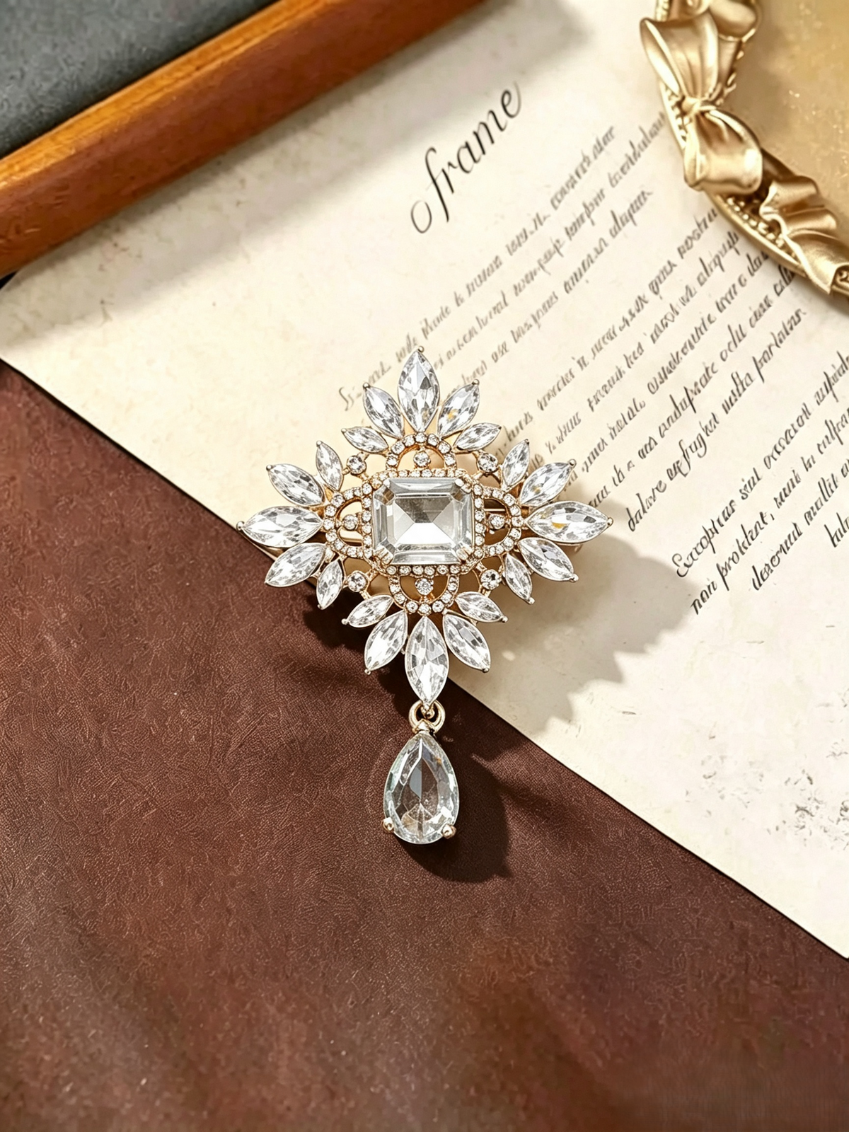 Vintage Baroque Floral Teardrop Rhinestone Brooch Crystal Lapel Pin for Daily Wear Wedding Gift