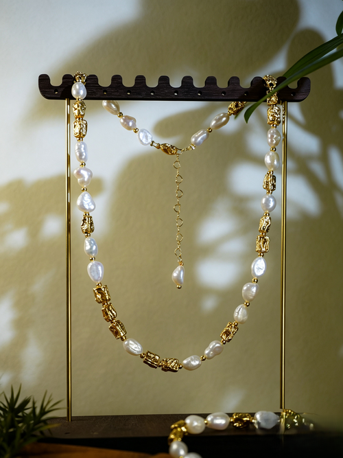 Baroque Freshwater Pearl & Hammered Gold Bead Necklace Bracelet 2-Piece Jewelry Set, Handmade Gold-Plated Brass Irregular Pearl Matching Set for Women
