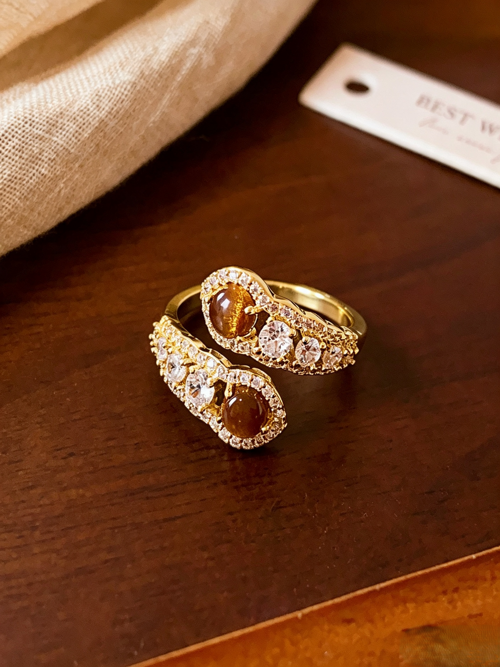 Vintage Mead Brown Tiger Eye Stone Bypass Ring, Micro Pave Crystal Open Adjustable Quiet Luxury Statement Ring