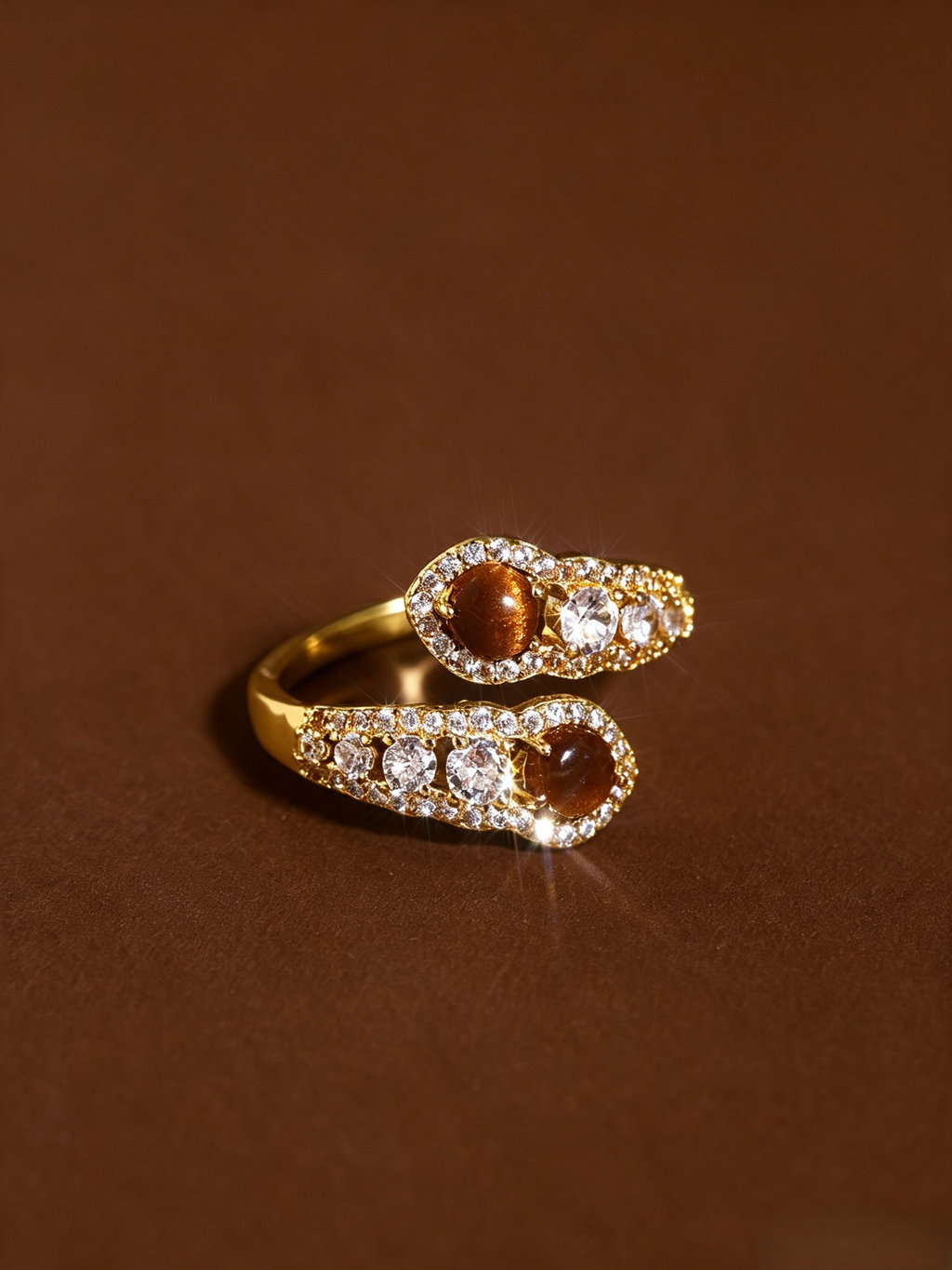 Vintage Mead Brown Tiger Eye Stone Bypass Ring, Micro Pave Crystal Open Adjustable Quiet Luxury Statement Ring
