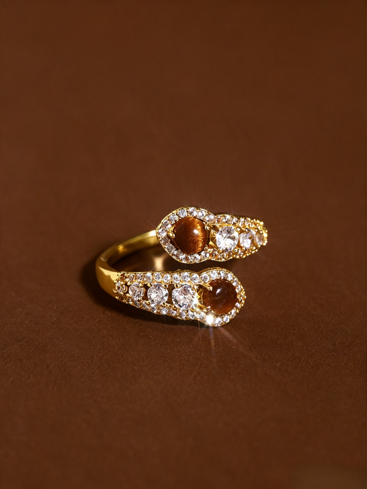 Vintage Mead Brown Tiger Eye Stone Bypass Ring, Micro Pave Crystal Open Adjustable Quiet Luxury Statement Ring