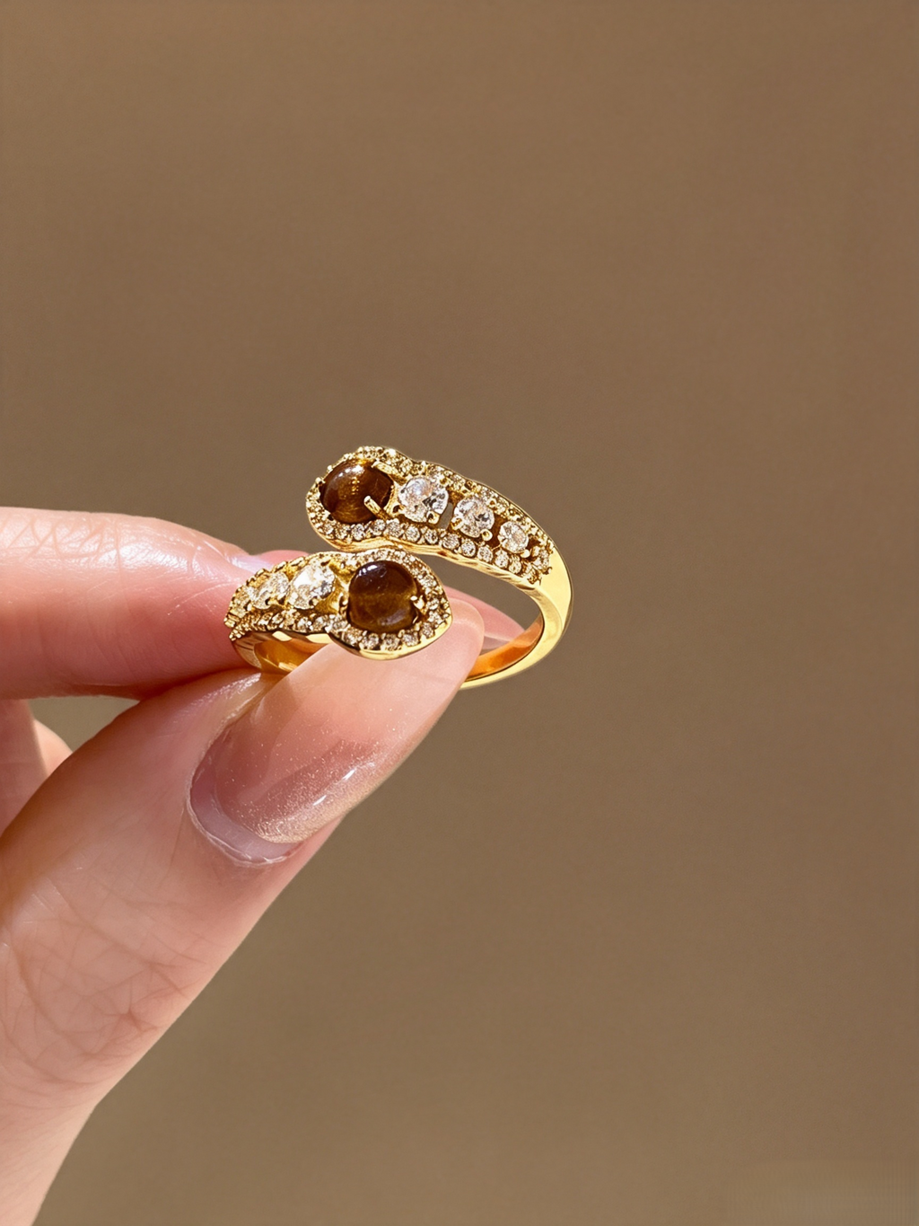 Vintage Mead Brown Tiger Eye Stone Bypass Ring, Micro Pave Crystal Open Adjustable Quiet Luxury Statement Ring