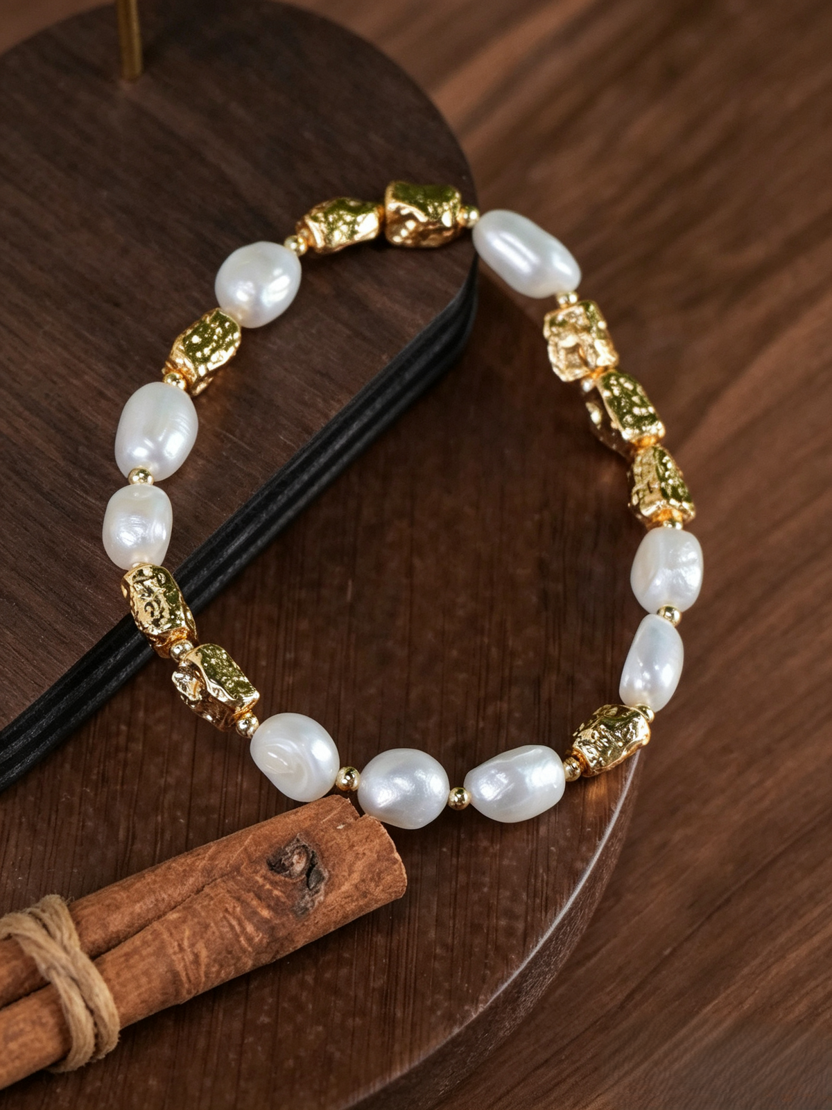 Baroque Freshwater Pearl & Hammered Gold Bead Necklace Bracelet 2-Piece Jewelry Set, Handmade Gold-Plated Brass Irregular Pearl Matching Set for Women