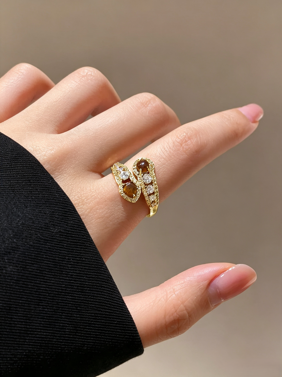Vintage Mead Brown Tiger Eye Stone Bypass Ring, Micro Pave Crystal Open Adjustable Quiet Luxury Statement Ring