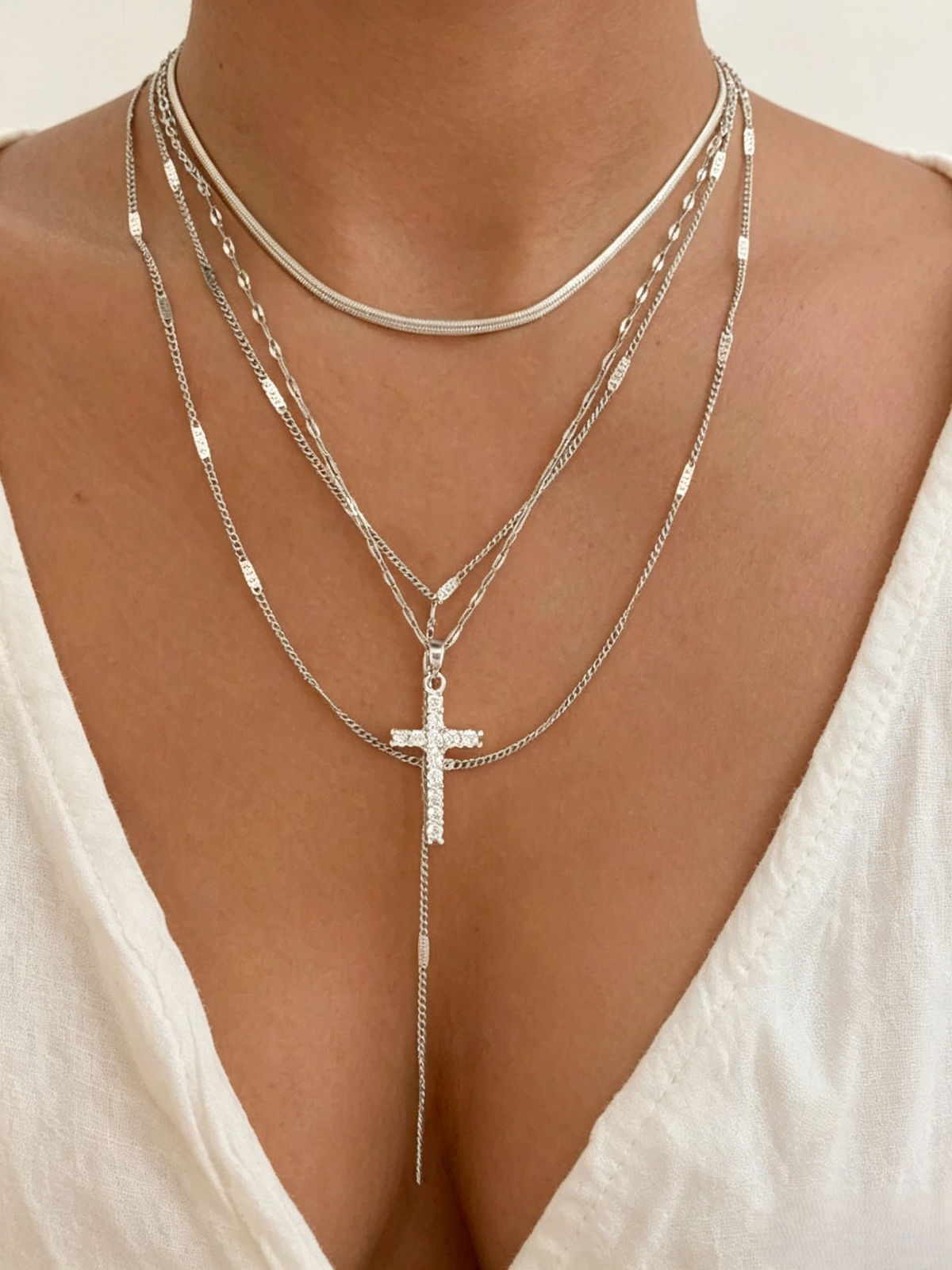 4 Layer Gold Plated Rhinestone Cross Tassel Necklace, Multi-Layer Stacked Y Drop Quiet Luxury Pendant Necklace