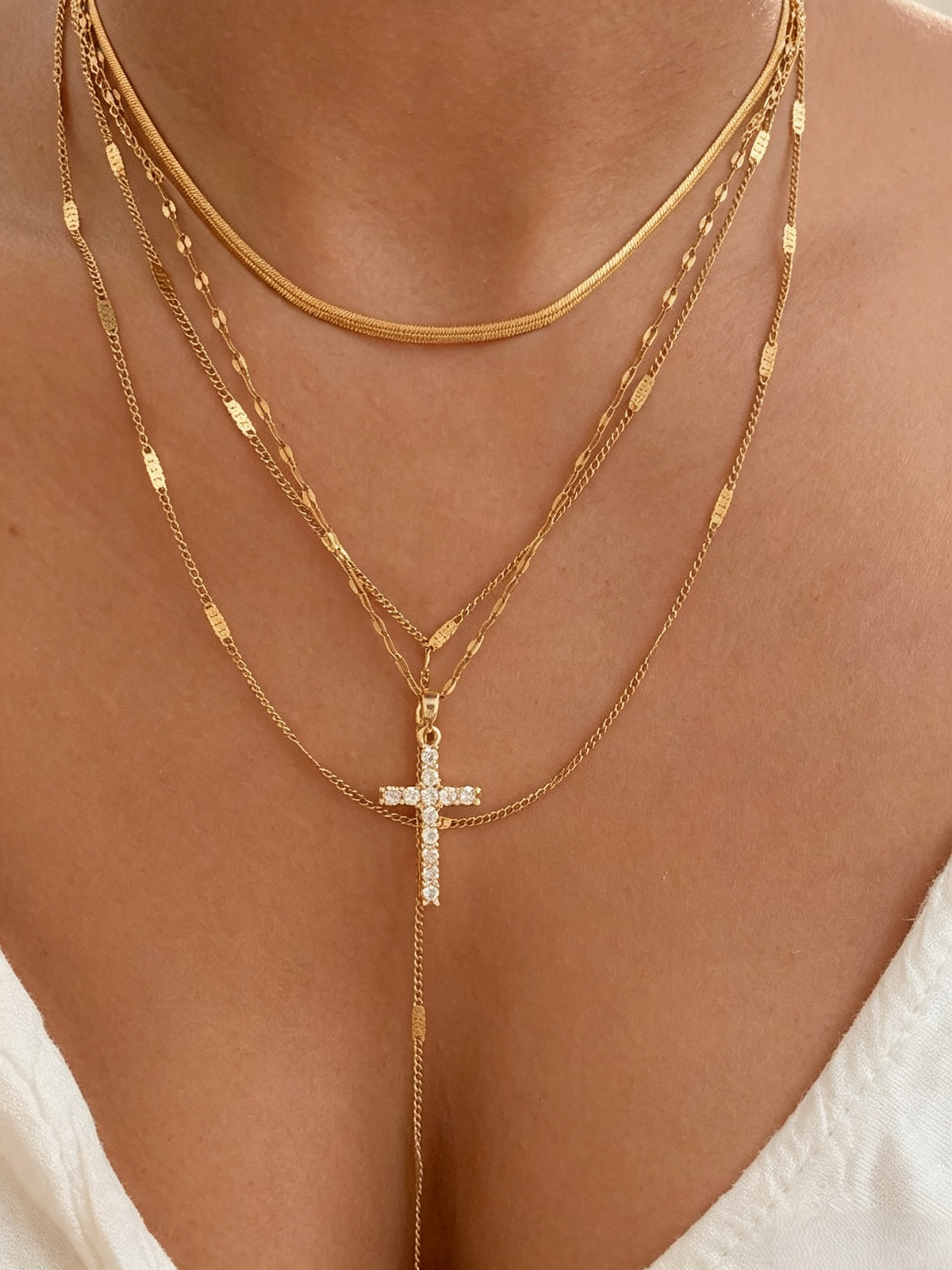 4 Layer Gold Plated Rhinestone Cross Tassel Necklace, Multi-Layer Stacked Y Drop Quiet Luxury Pendant Necklace