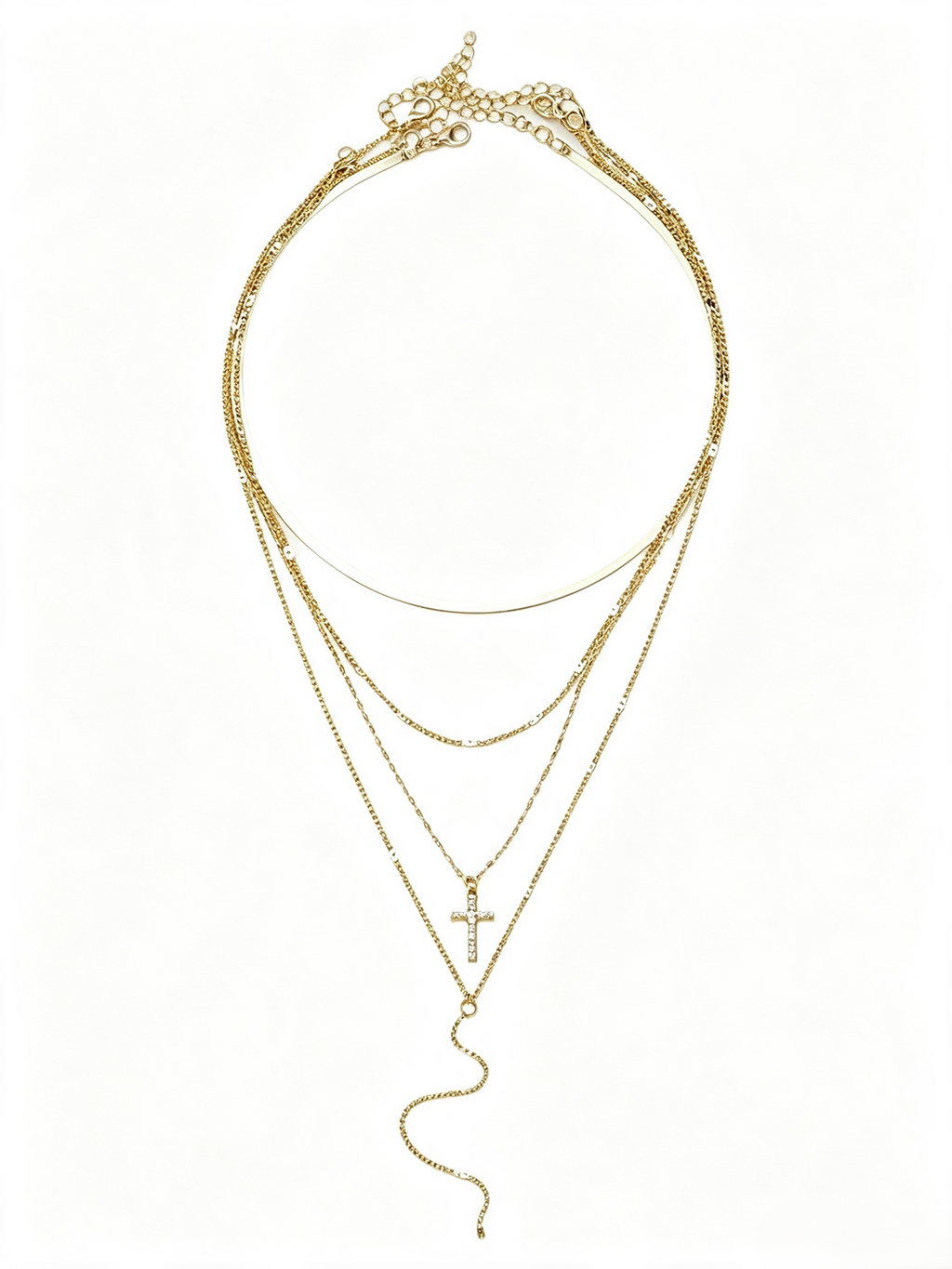4 Layer Gold Plated Rhinestone Cross Tassel Necklace, Multi-Layer Stacked Y Drop Quiet Luxury Pendant Necklace