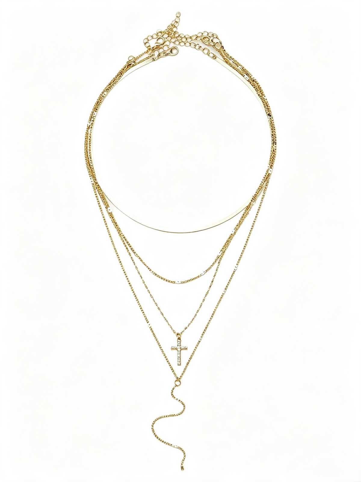 4 Layer Gold Plated Rhinestone Cross Tassel Necklace, Multi-Layer Stacked Y Drop Quiet Luxury Pendant Necklace
