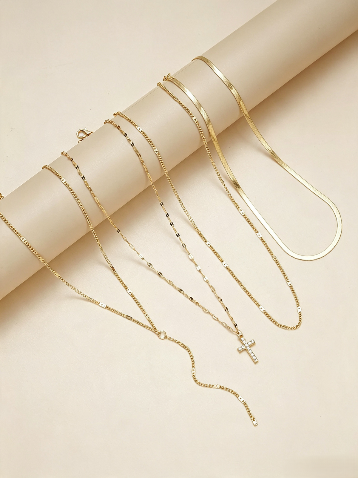 4 Layer Gold Plated Rhinestone Cross Tassel Necklace, Multi-Layer Stacked Y Drop Quiet Luxury Pendant Necklace