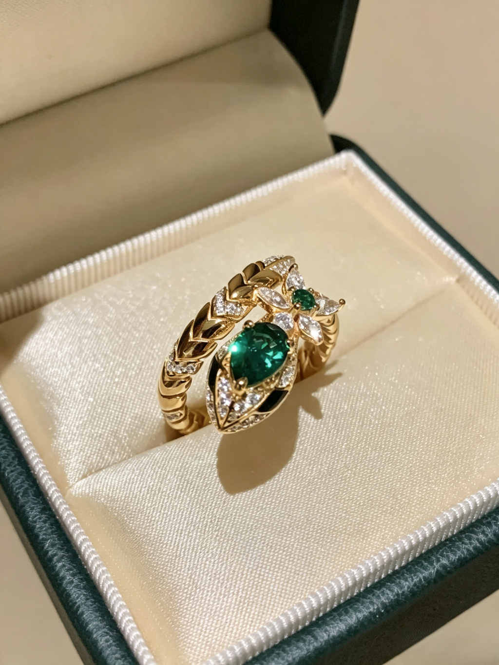 Vintage Emerald Serpent Snake Ring, Gothic Halloween Statement Ring, Gold Tone Pear Green Gemstone Paved Crystal Adjustable Open Ring