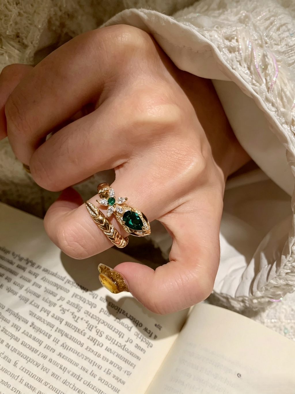 Vintage Emerald Serpent Snake Ring, Gothic Halloween Statement Ring, Gold Tone Pear Green Gemstone Paved Crystal Adjustable Open Ring