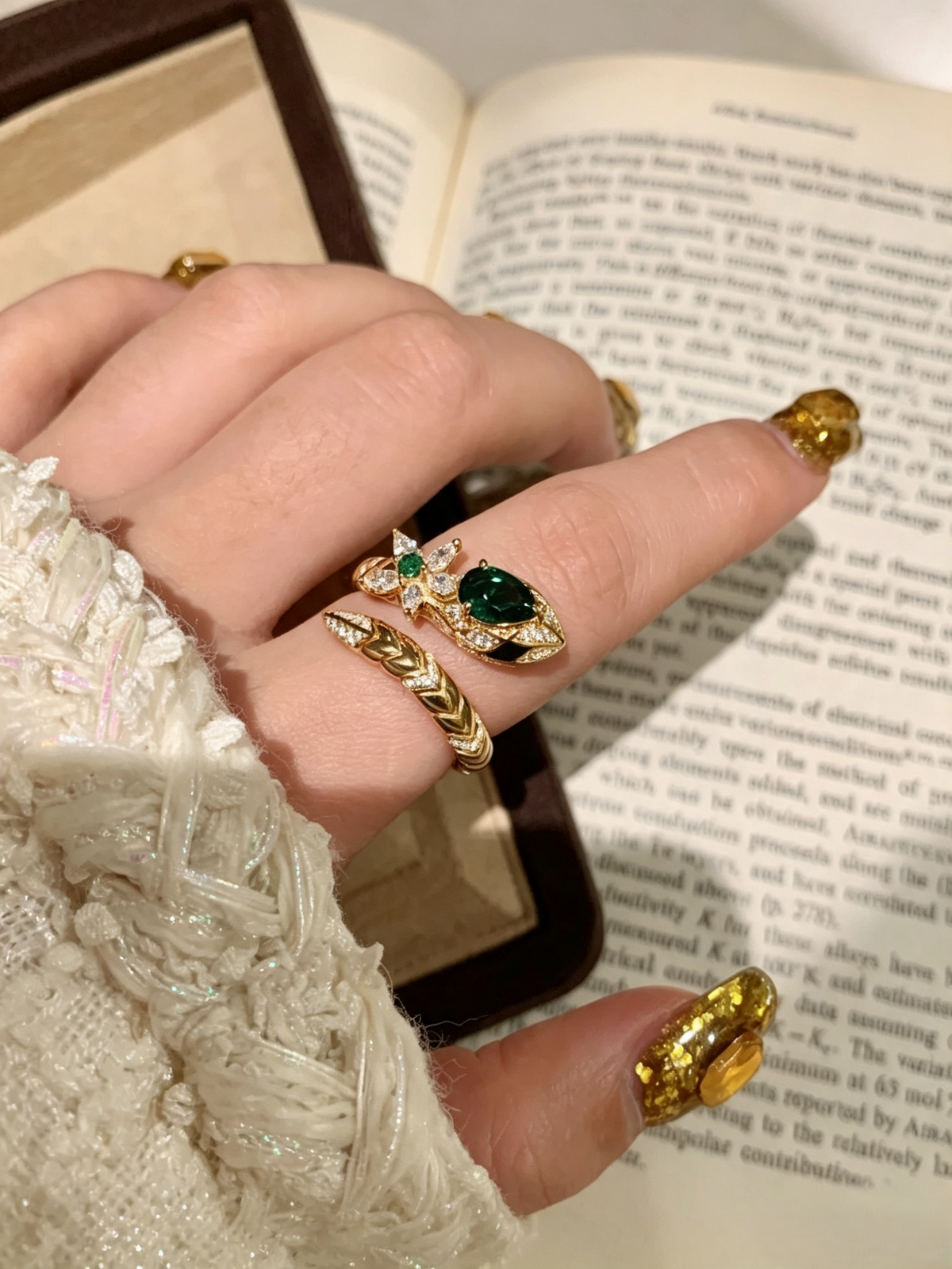 Vintage Emerald Serpent Snake Ring, Gothic Halloween Statement Ring, Gold Tone Pear Green Gemstone Paved Crystal Adjustable Open Ring