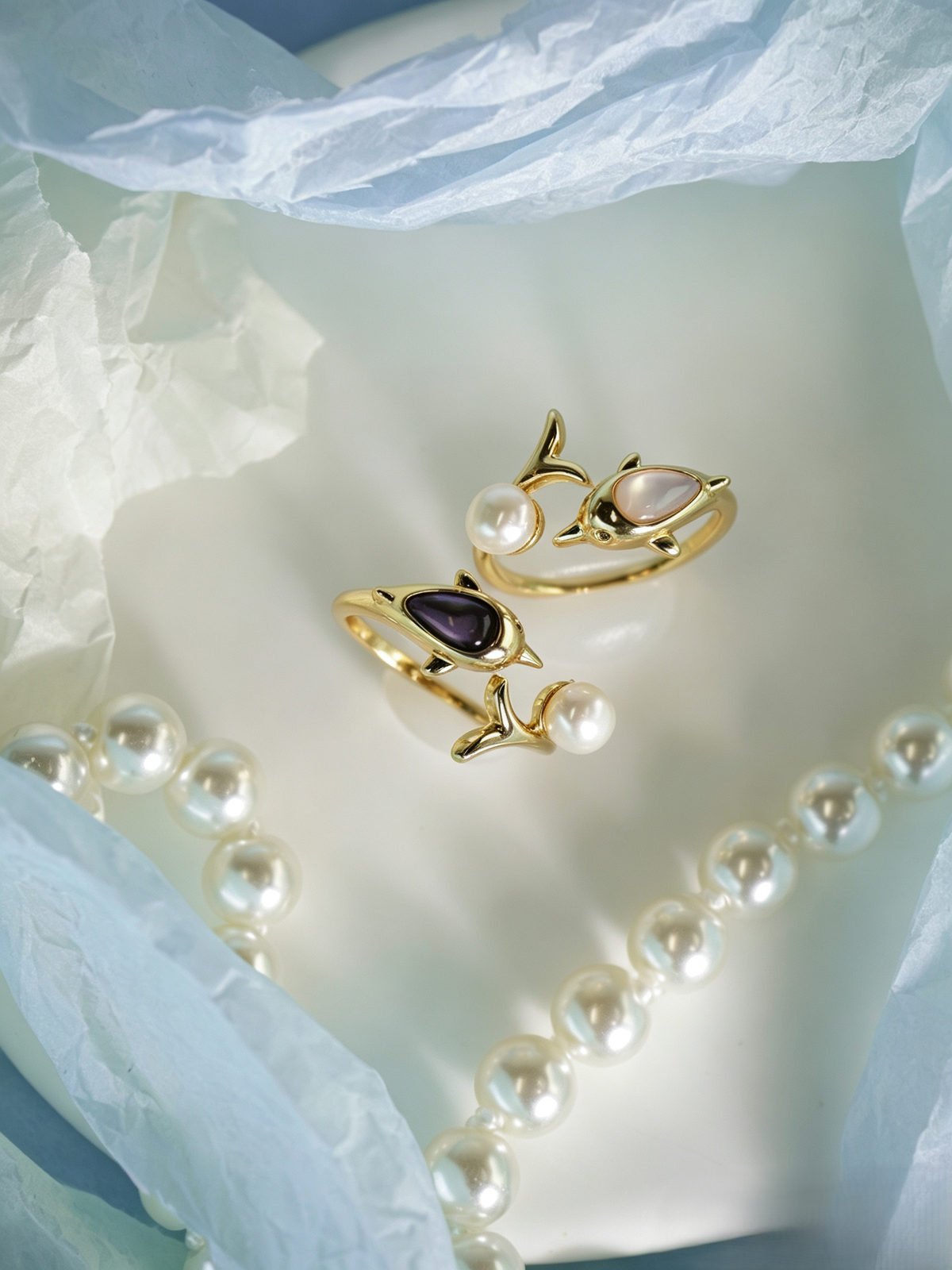 Elegant Dolphin Motif Natural Pearl Open Adjustable Ring, Handmade Gold-Plated Brass Pearl Statement Ring for Mature Women