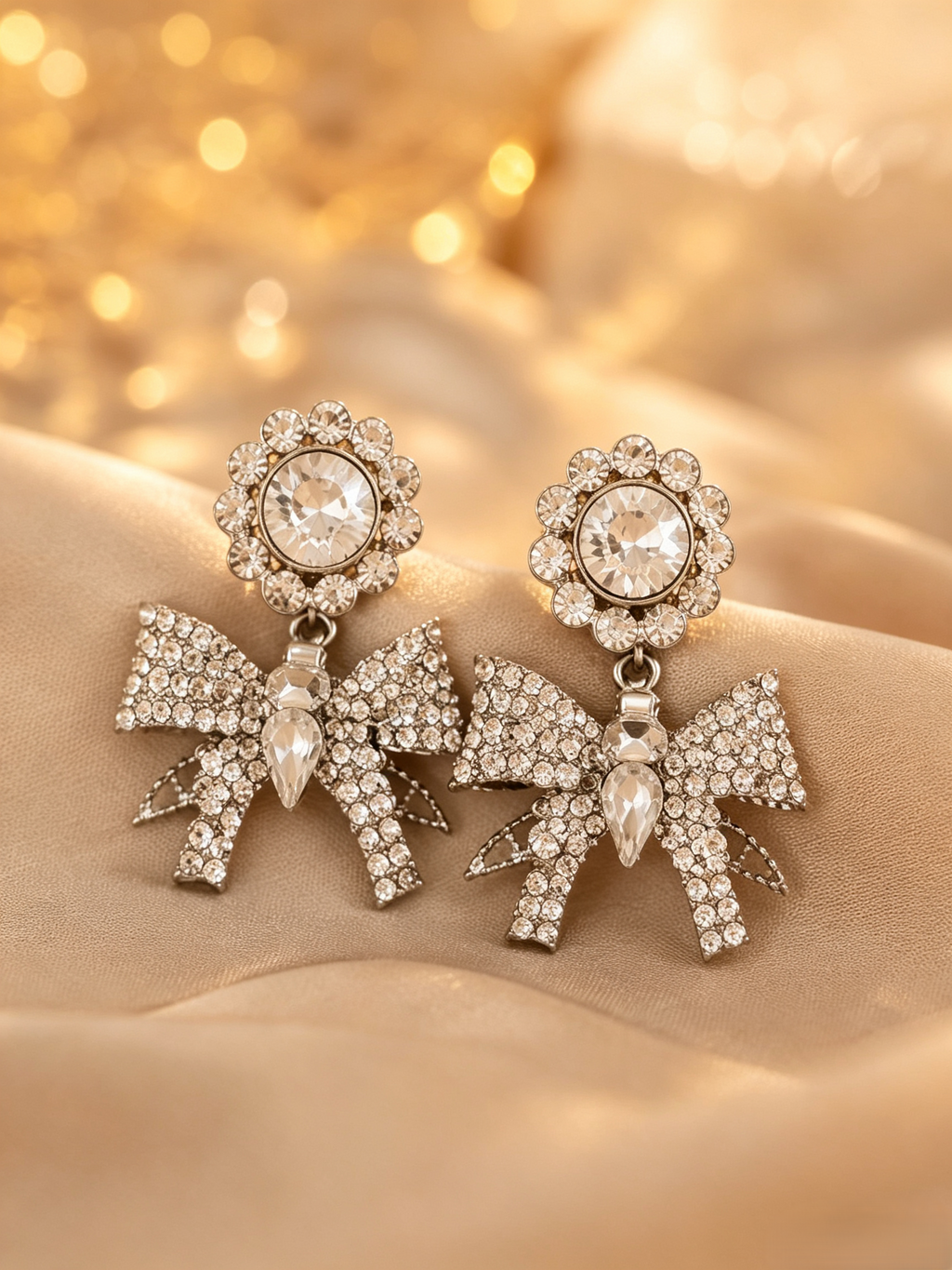 Vintage Rhinestone Bow Drop Earrings, Crystal Flower Teardrop Dangle Earrings, Elegant Wedding Party Statement Earrings for Women