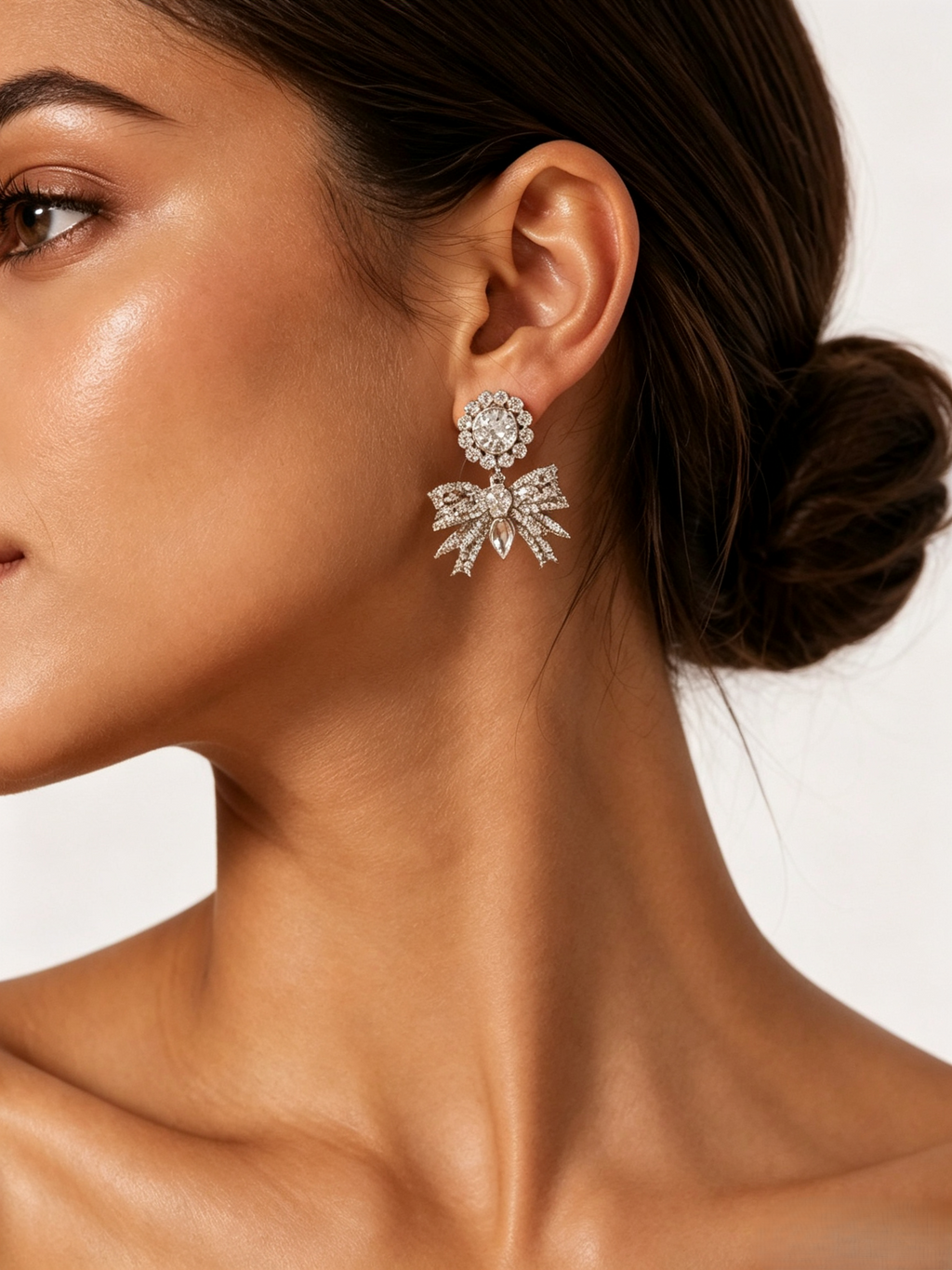 Vintage Rhinestone Bow Drop Earrings, Crystal Flower Teardrop Dangle Earrings, Elegant Wedding Party Statement Earrings for Women